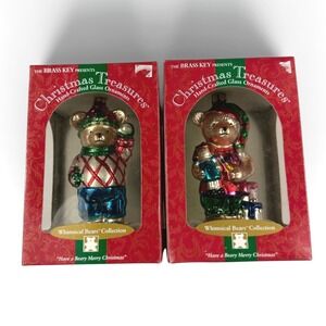 Brass Key Whimsical Bears Glass Ornaments Santa's Helper Snowball Fun LOT OF 2